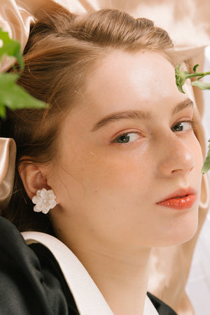 “Izabella” Snow Cape Jasmine Stud Earring, Embellished White Crystal